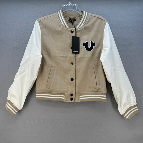 NWT True Religion True Varsity Jacket Women's L Tan White Preppy Y2k 600011 - Picture 1 of 12